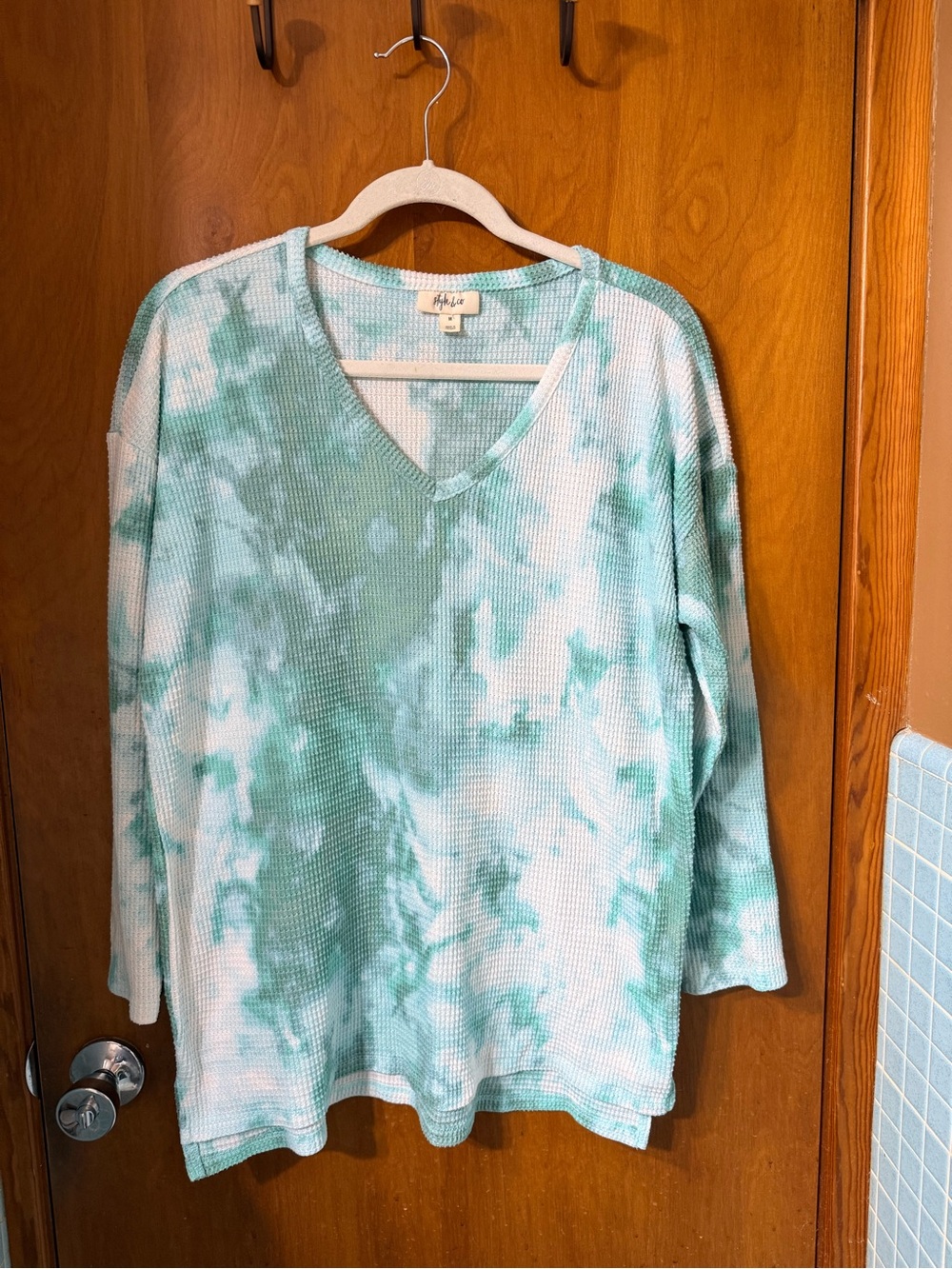 Style & Co. Seafoam Green and White Waffle-Knit Top